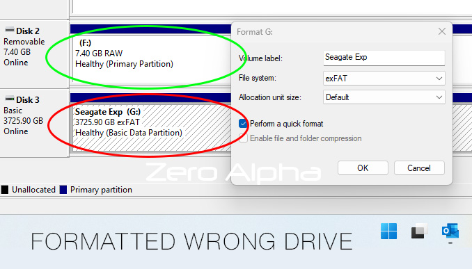 windows disk management showing user accidently formatting the wrong drive data recovery